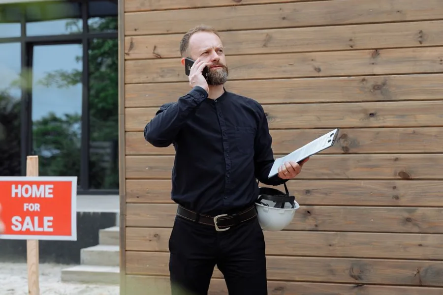 A service technician answering a phone call outside a customer's home in the evening light