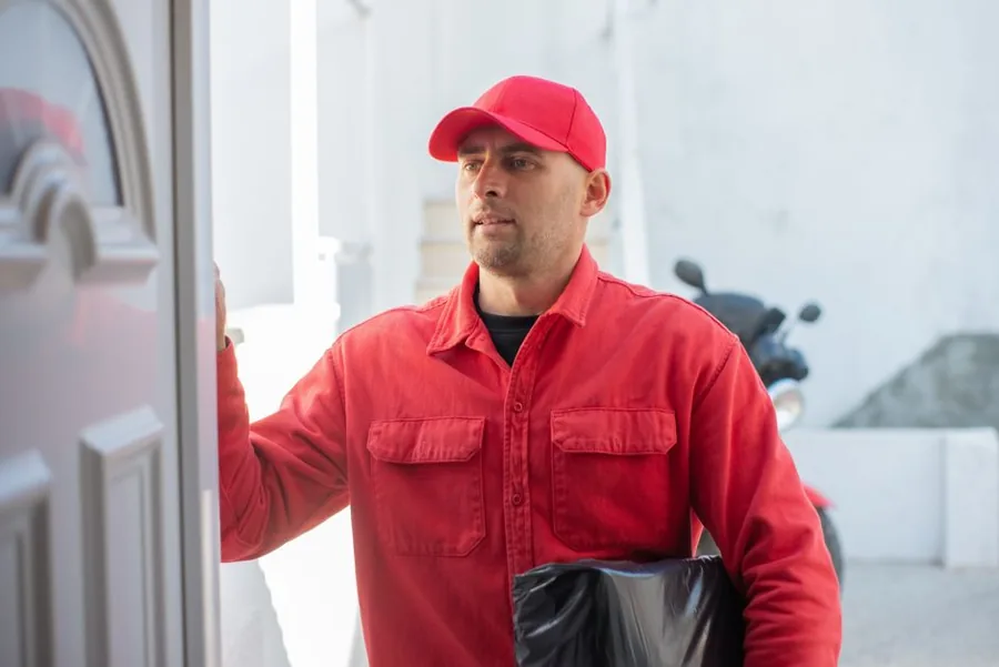 A uniformed home-service technician greeting a homeowner on their front porch before a job