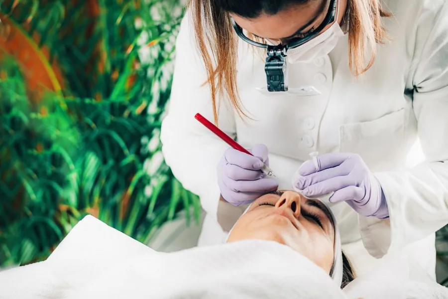 Aesthetician treating a client in a modern med spa treatment room