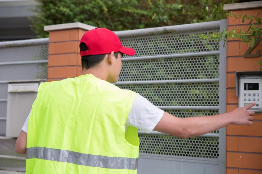 A uniformed home-service technician taking a phone call on a homeowner's front porch next to a parked work van