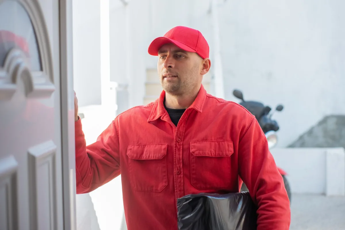A uniformed home service technician shaking hands with a homeowner at the front door of a house.